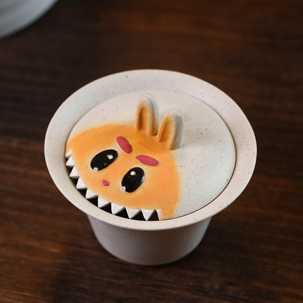 宜兴紫砂90CC拉布布三才盖碗手工泥绘敬茶碗泡茶杯兔子茶具套装配件