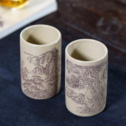 壶芝宴宜兴紫砂杯手工泥绘刻绘品茗杯山水主人杯原矿白玉段泥