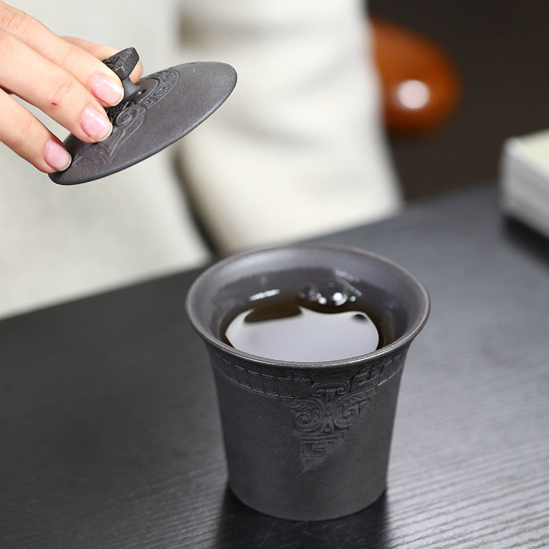 宜兴紫砂杯150CC原矿浮雕饕餮纹三才盖碗手抓壶茶碗陶瓷泡茶功夫茶具