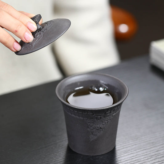 宜兴紫砂杯150CC原矿浮雕饕餮纹三才盖碗手抓壶茶碗陶瓷泡茶功夫茶具