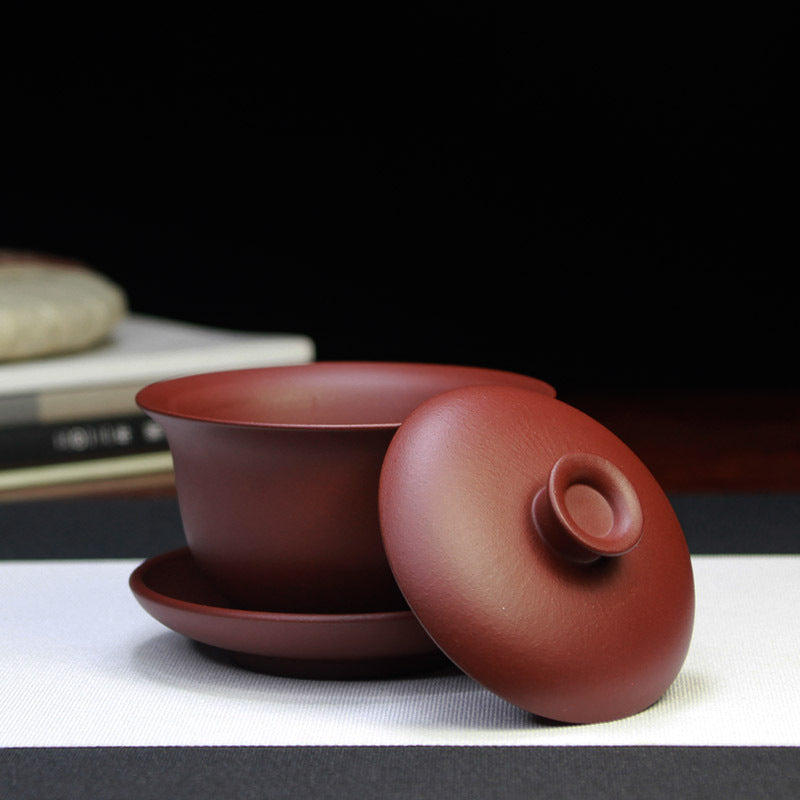 宜兴紫砂盖碗三才碗150CC批发紫砂茶具正宗原矿紫泥精品手工盖碗三件套