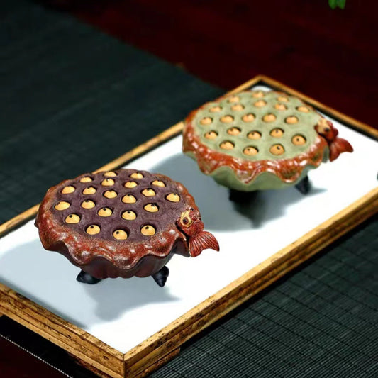 紫砂茶宠莲子直径9CM创意手工金鱼喷水莲蓬精品茶台茶具壶盖托摆件可养