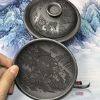 三才盖碗纯手工浮雕刻绘烟雨入江南石黄盖碗江南水乡房屋200毫升