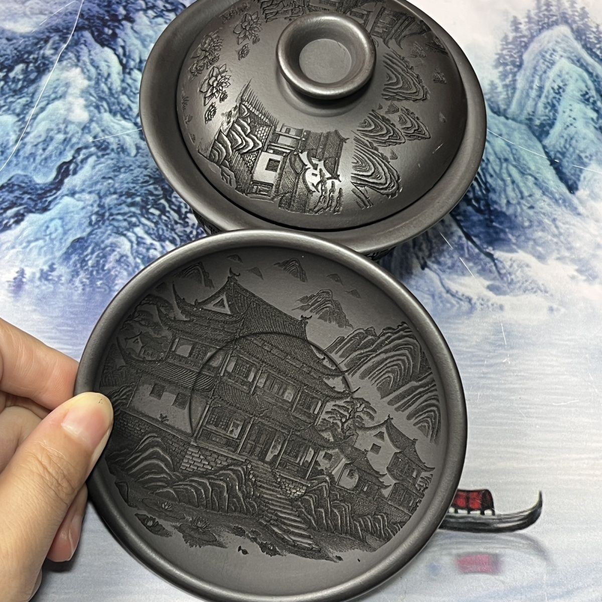 三才盖碗纯手工浮雕刻绘烟雨入江南石黄盖碗江南水乡房屋200毫升