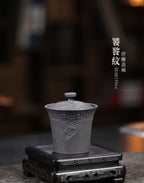 宜兴紫砂杯150CC原矿浮雕饕餮纹三才盖碗手抓壶茶碗陶瓷泡茶功夫茶具