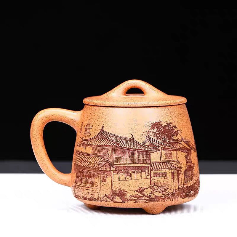 紫砂茶杯手工刻绘江南水乡石瓢精品带盖紫砂水杯  580毫升大容量