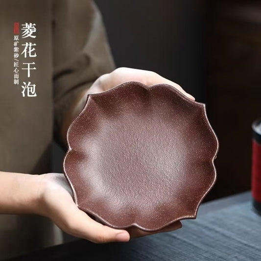 宜兴紫砂手工干泡台壶托壶承直径17CM干泡台茶盘杯垫菱花功夫茶具茶台配件