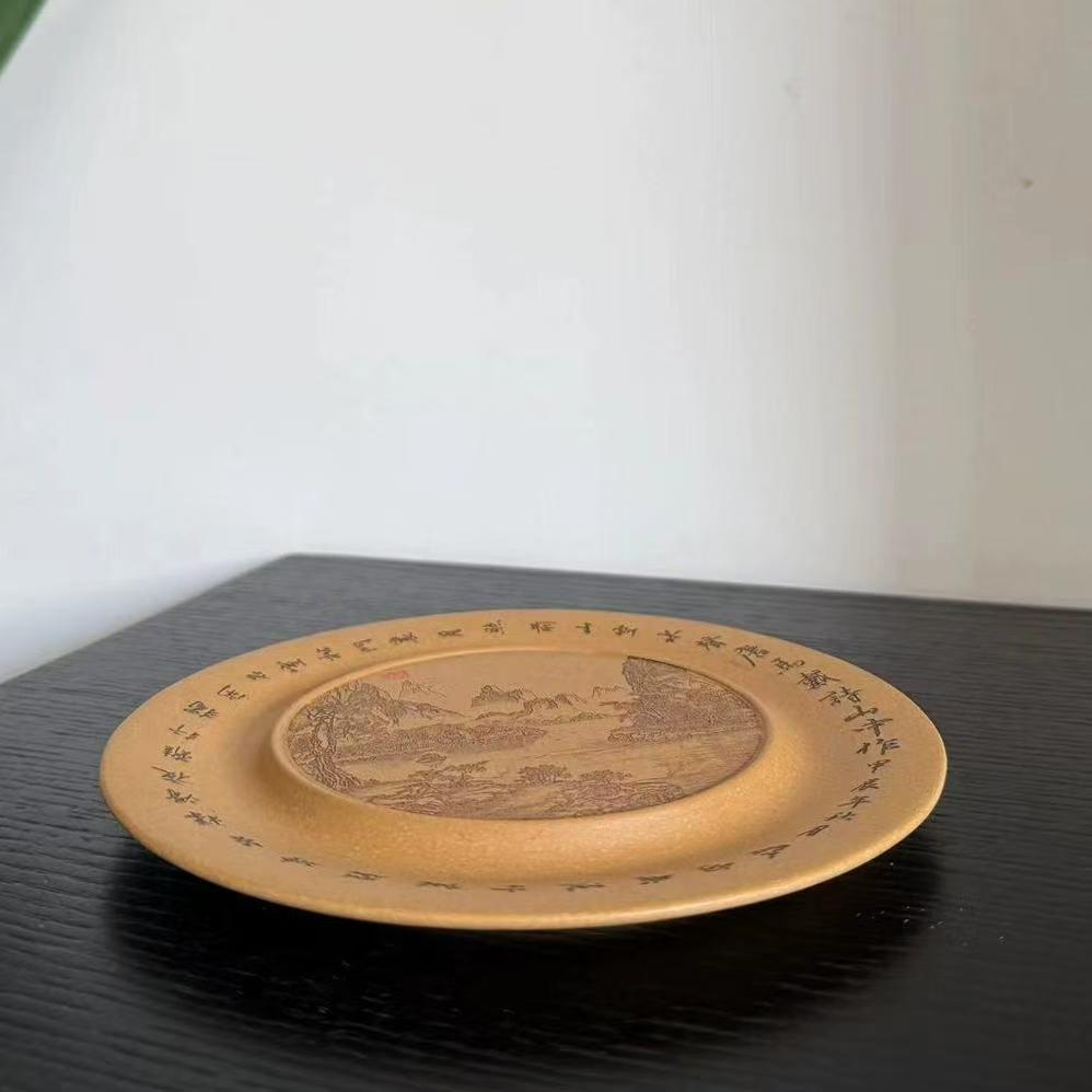 宜兴紫砂手制刻绘山水画精工壶承壶垫原矿黄金段直径17CM