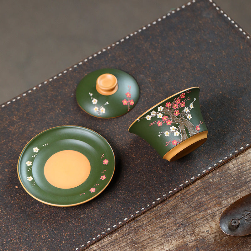 宜兴紫砂壶原矿黄龙山150CC三才盖碗立体泥绘梅花茶具泡茶碗