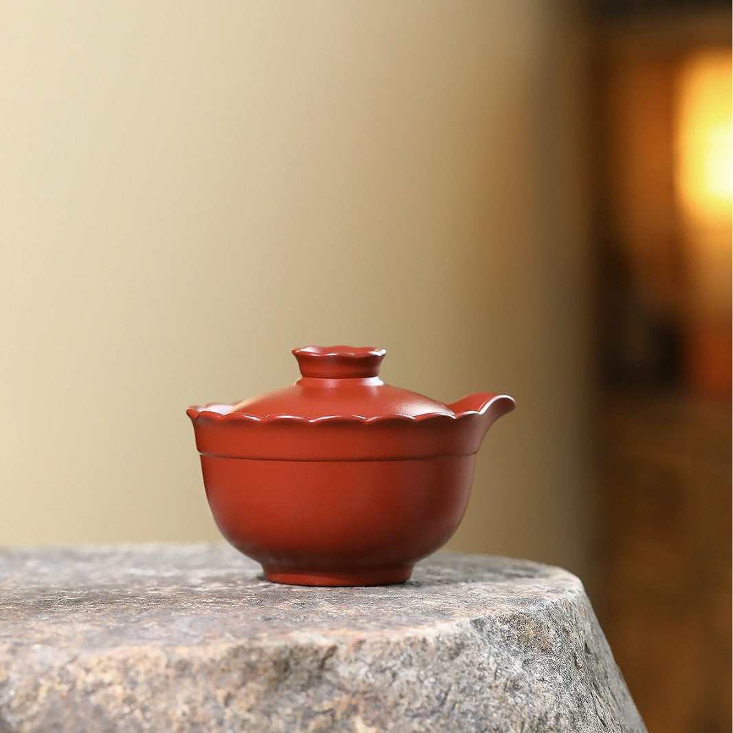 宜兴紫砂原矿朱泥大红袍菱花盖碗茶具家居实用品茶精工批发170cc