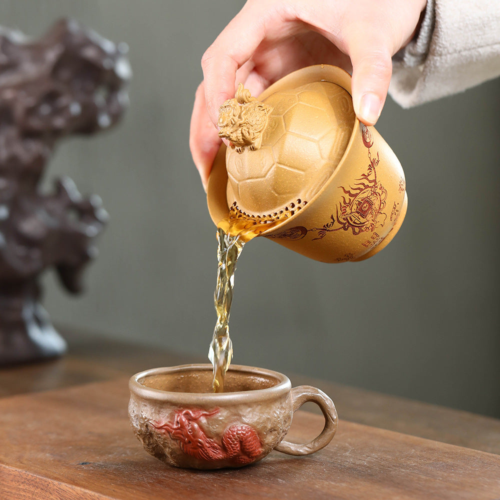 紫砂富甲一方盖碗140CC宜兴三才盖碗茶碗敬茶碗龙龟盖碗茶具套装配件