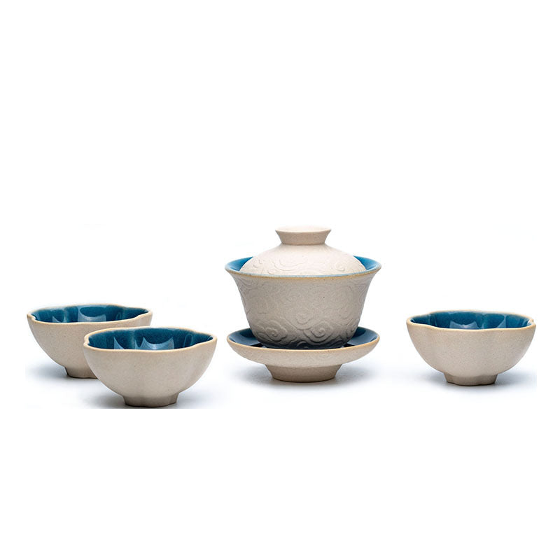 紫砂云纹盖碗套组原矿白玉段泥140CC三才碗批发茶壶套装手工手抓壶厂家