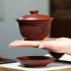 宜兴紫砂盖碗170CC原矿紫泥家用功夫茶杯全手工刻绘江南水乡茶碗批发