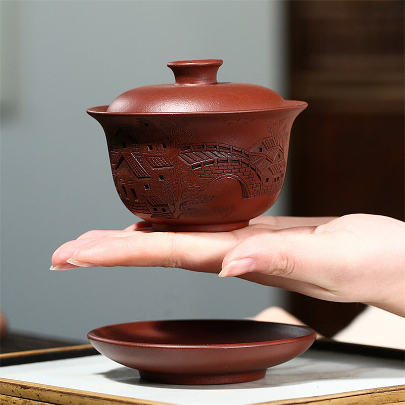 宜兴紫砂盖碗170CC原矿紫泥家用功夫茶杯全手工刻绘江南水乡茶碗批发