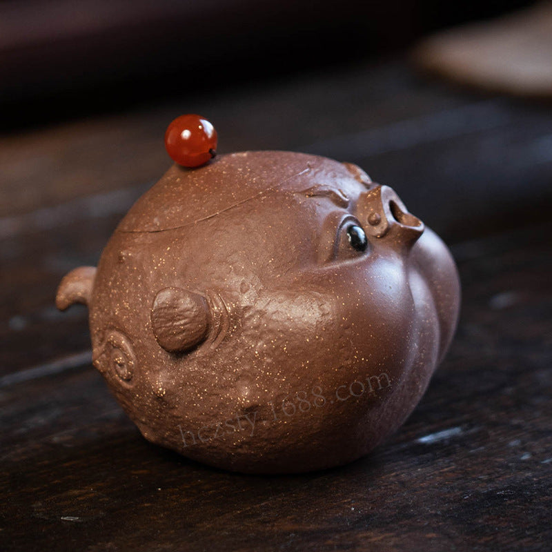 宜兴紫砂壶160CC河豚壶原矿手工内球孔手抓壶分茶器雕塑茶具泡茶盖碗