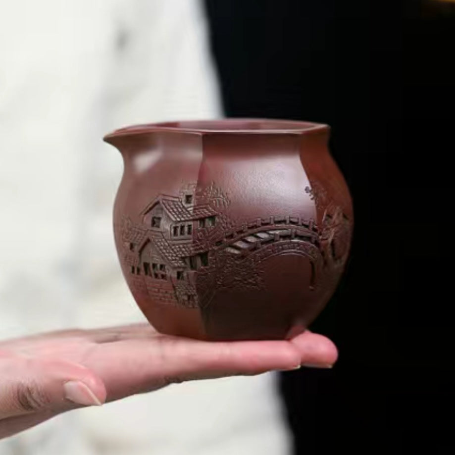 宜兴名家手工六方龙血砂浮雕刻绘江南风公道杯茶道分茶器220毫升