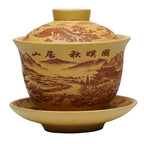 功夫茶具原矿紫砂220CC山居秋瞑杯段泥手绘刻绘山水杯文人茶碗三才盖碗