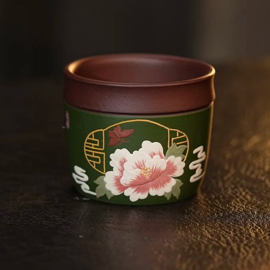 宜兴紫砂手工堆绘蝶恋花直筒主人杯原矿高纯度石红茶杯150毫升