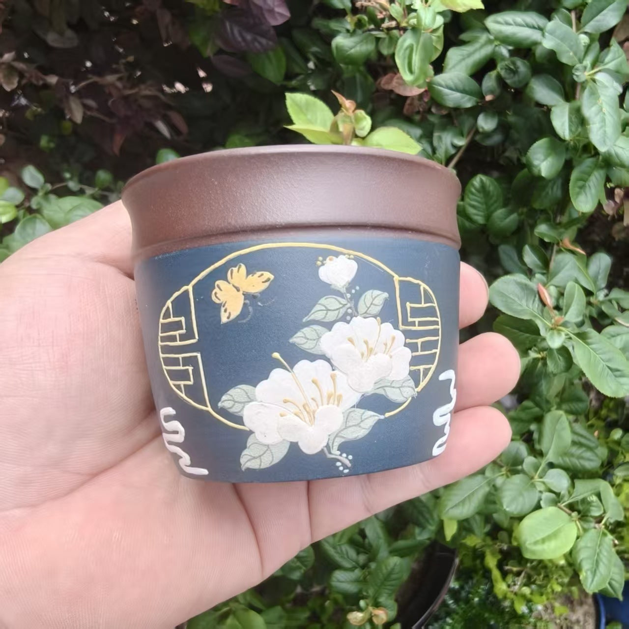 宜兴紫砂手工堆绘蝶恋花直筒主人杯原矿高纯度石红茶杯150毫升