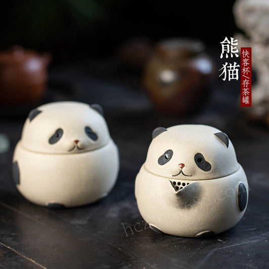 宜兴紫砂壶熊猫手抓壶200CC原矿手工分茶器茶叶罐雕塑茶具泡茶盖碗
