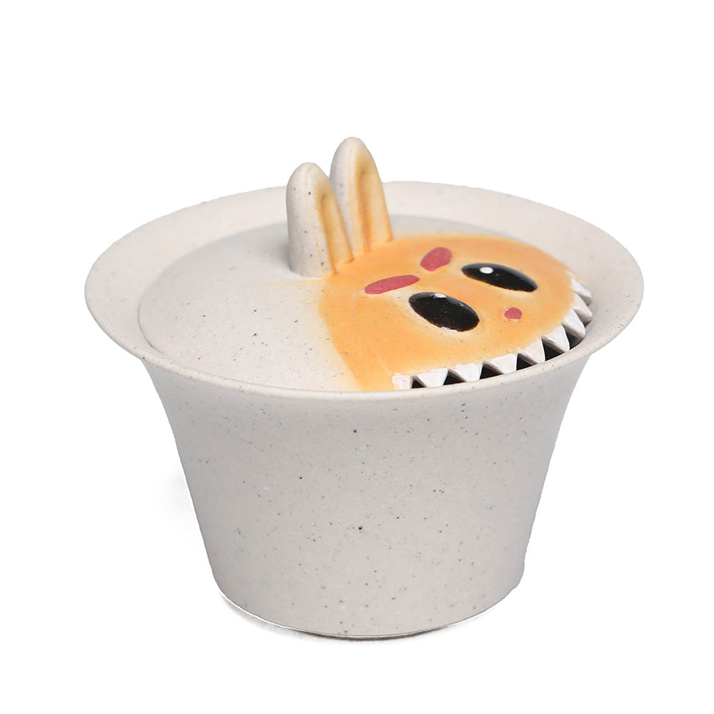 宜兴紫砂90CC拉布布三才盖碗手工泥绘敬茶碗泡茶杯兔子茶具套装配件