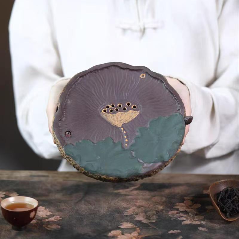 宜兴紫砂壶干泡台家用储水式小茶盘茶道配件手工荷塘月色壶承直径19CM