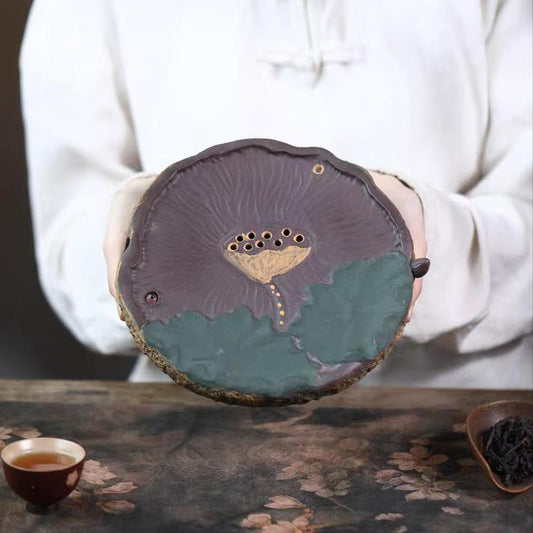 宜兴紫砂壶干泡台家用储水式小茶盘茶道配件手工荷塘月色壶承直径19CM