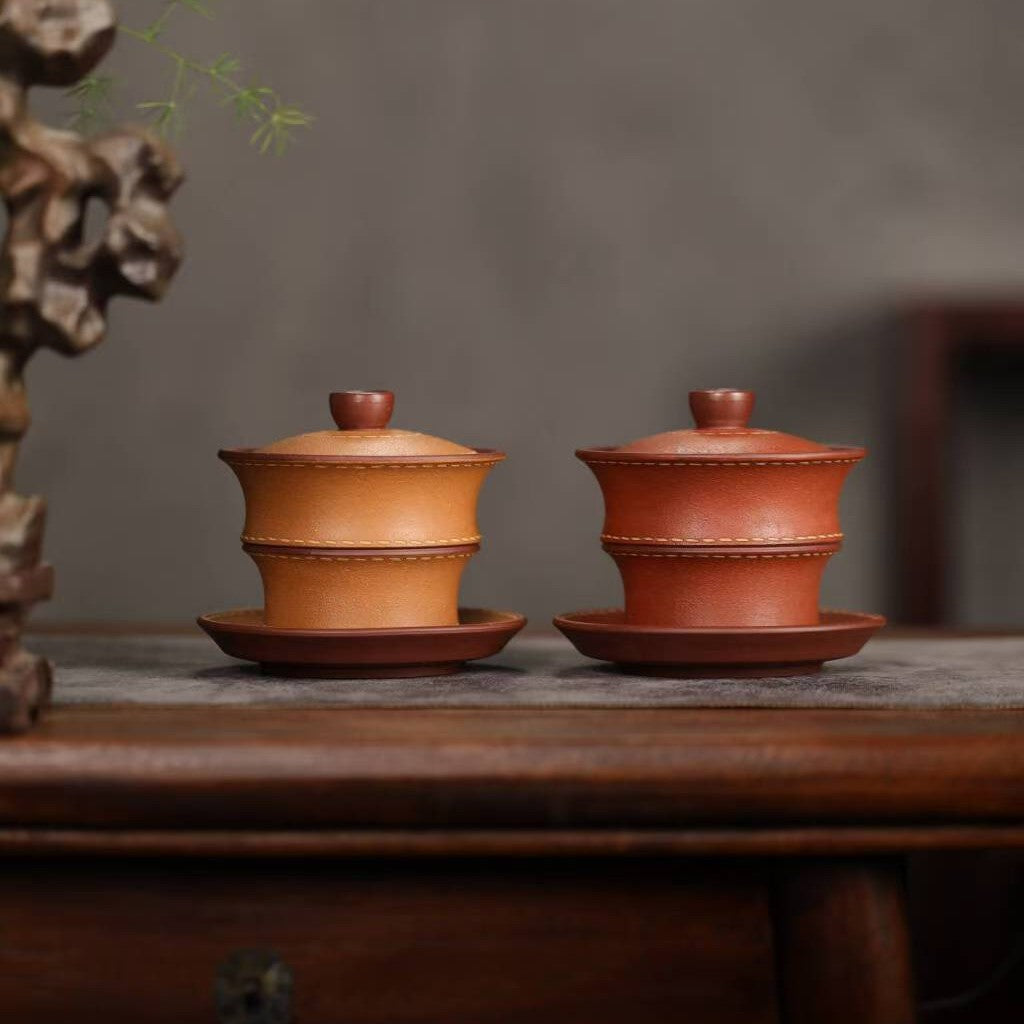 宜兴紫砂三才盖碗150CC/110CC创意皮革纹功夫茶具茶杯双色粉浆