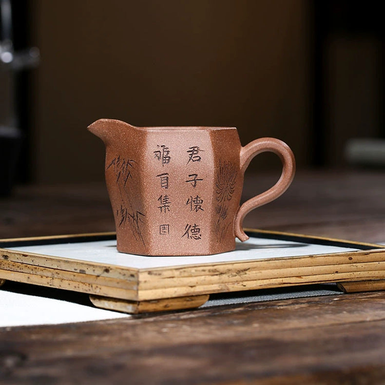 批发宜兴全手工刻绘公道杯纯手工公道杯梅兰竹菊六方紫砂公道杯