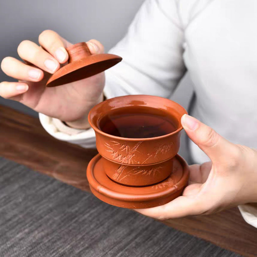 全纯手工紫砂高档三才盖碗茶杯180CC单个高档盖子茶具套装中国风不烫手