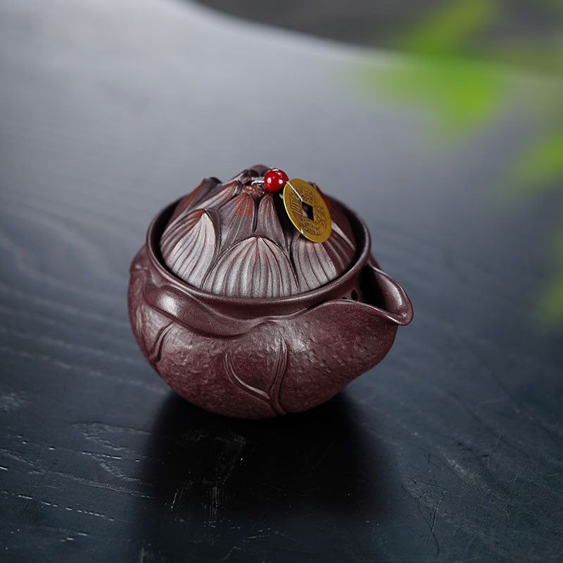 荷花盖碗批发茶具170CC快客杯紫泥紫砂杯子宜兴正品三才盖碗