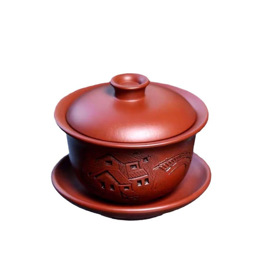 宜兴原矿紫砂杯泡茶杯大红袍江南小镇刻绘三才盖碗 140cc