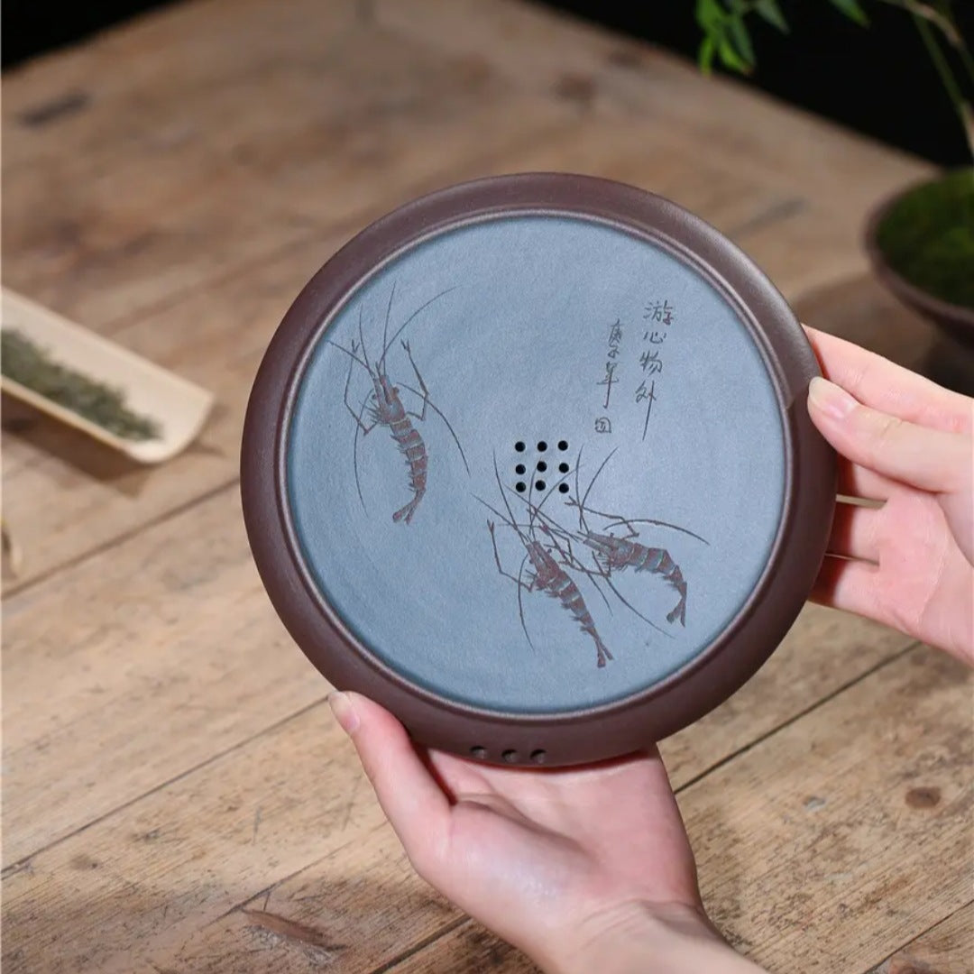 宜兴紫砂干泡台盘茶台直径18CM家用茶道壶承手工储水式小茶盘茶具精品壶托
