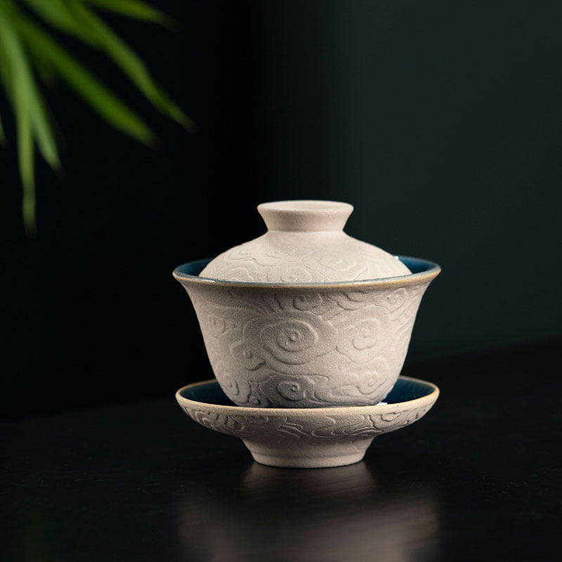 紫砂云纹盖碗套组原矿白玉段泥140CC三才碗批发茶壶套装手工手抓壶厂家