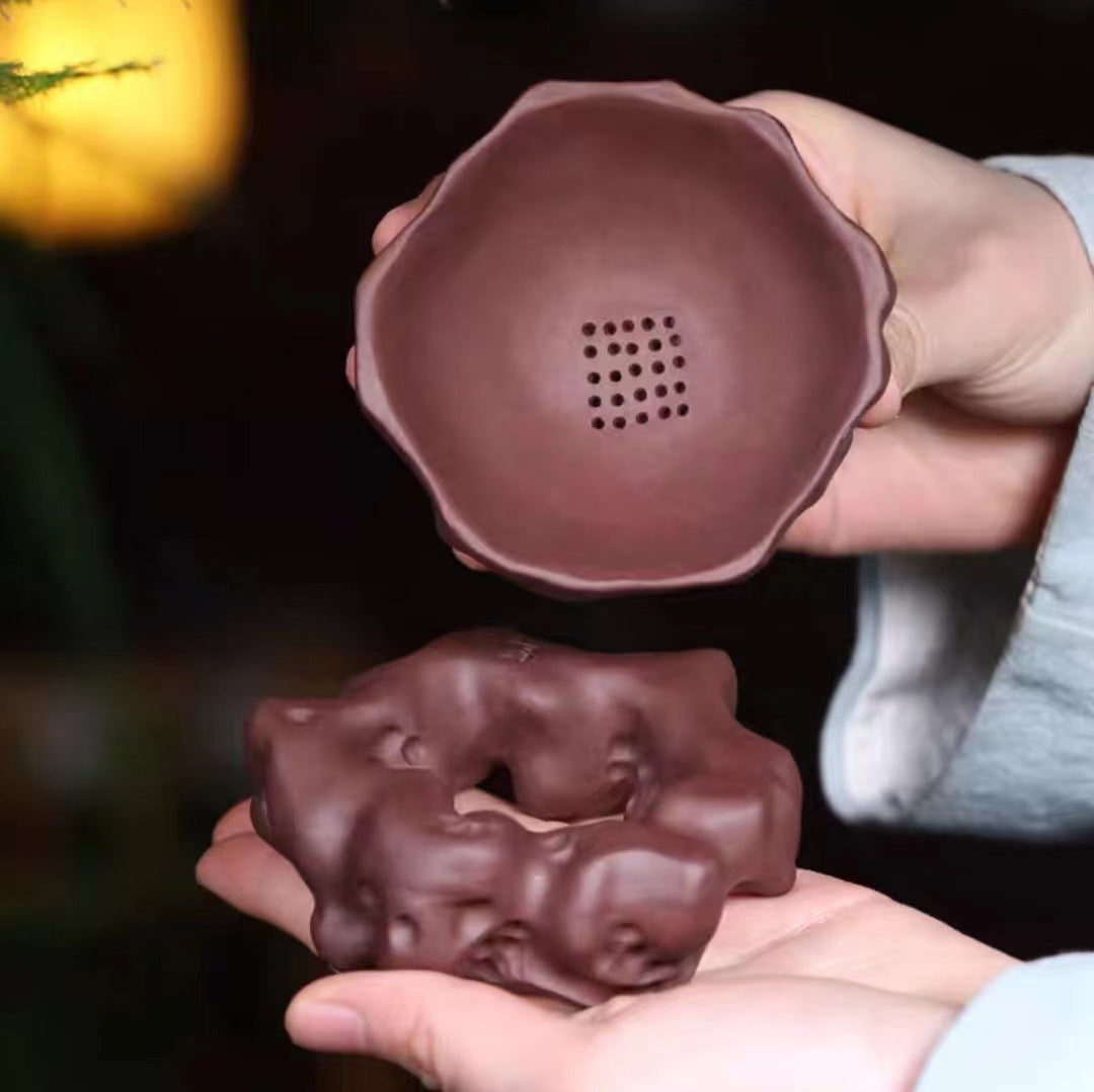 宜兴紫砂茶漏泡茶茶具配件茶叶过滤器茶隔创意手工茶滤一体茶漏架