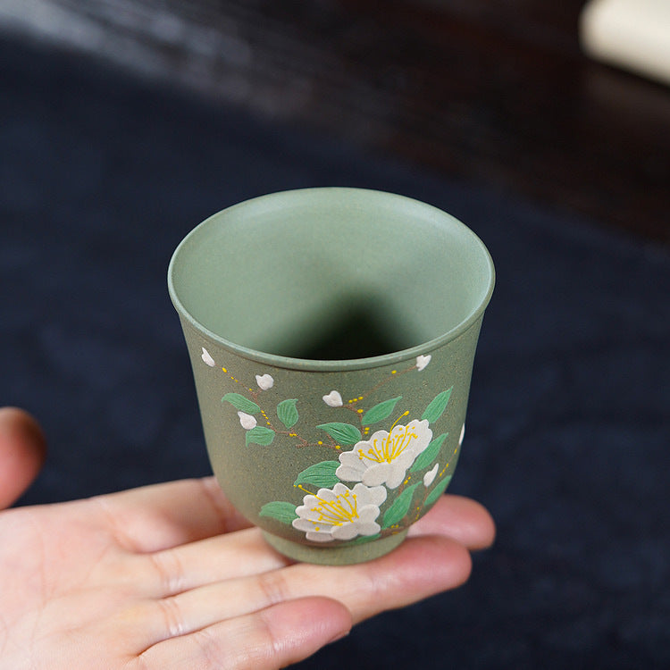 壶芝宴宜兴紫砂主人杯茶杯手工堆绘白牡丹紫砂杯品茗杯功夫茶具