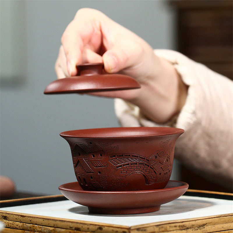 宜兴紫砂盖碗170CC原矿紫泥家用功夫茶杯全手工刻绘江南水乡茶碗批发