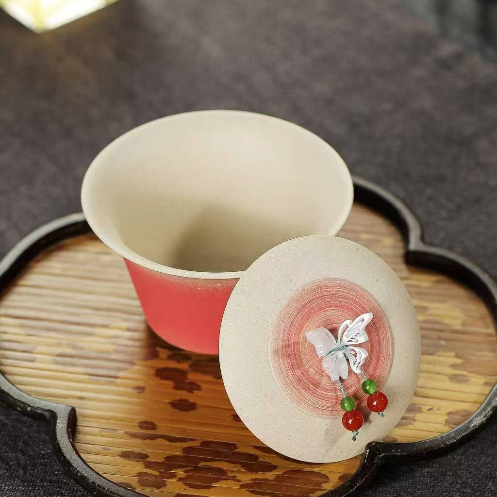 宜兴原矿紫砂盖碗蝶恋花100CC 见山盖碗 创意手工作品两才盖碗功夫茶具