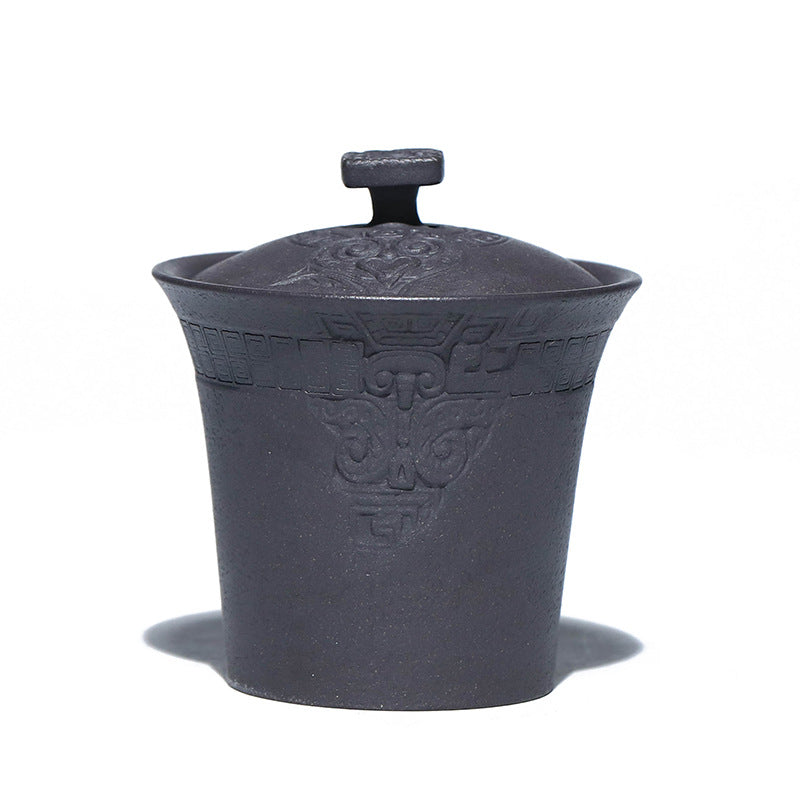 宜兴紫砂杯150CC原矿浮雕饕餮纹三才盖碗手抓壶茶碗陶瓷泡茶功夫茶具