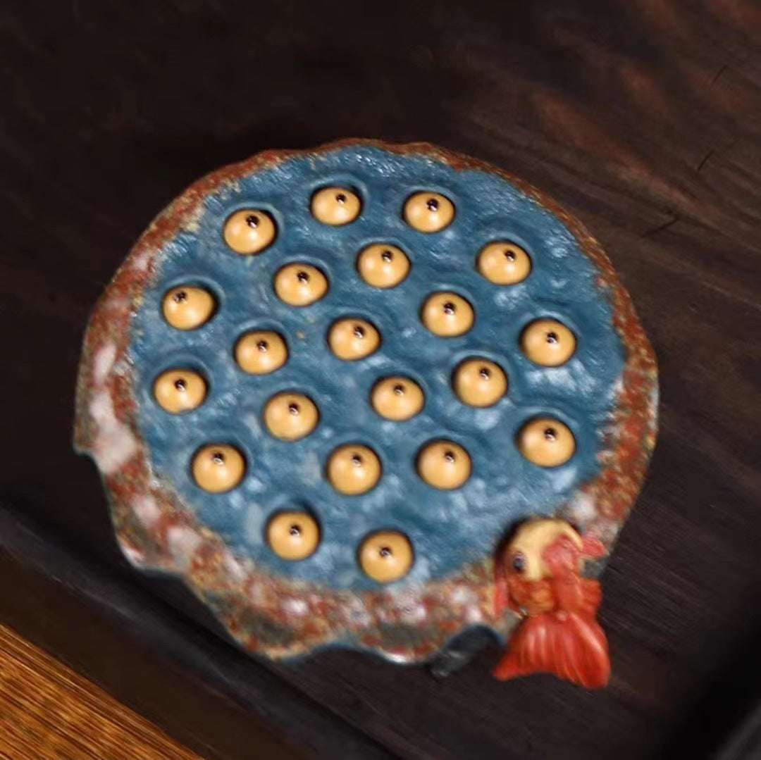 紫砂茶宠莲子直径9CM创意手工金鱼喷水莲蓬精品茶台茶具壶盖托摆件可养