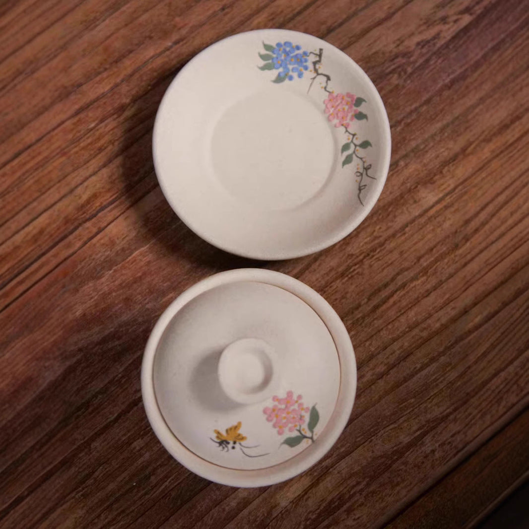 宜兴紫砂白段泥绘绣球花盖碗杯手绘复古茶盖碗中式容量180毫升