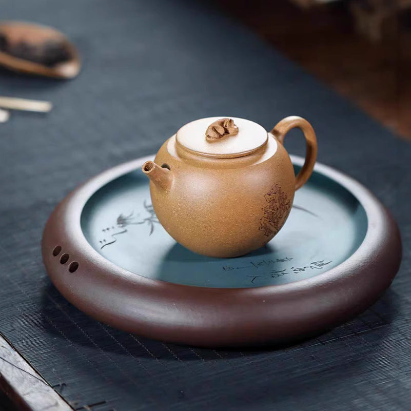 宜兴紫砂干泡台盘茶台直径18CM家用茶道壶承手工储水式小茶盘茶具精品壶托