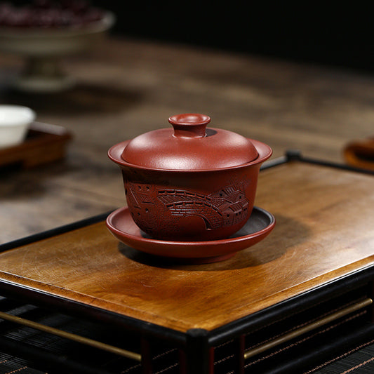 宜兴紫砂盖碗170CC原矿紫泥家用功夫茶杯全手工刻绘江南水乡茶碗批发