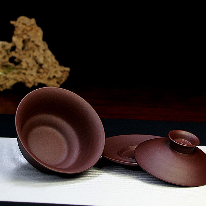 宜兴紫砂盖碗三才碗130CC批发家用泡茶具精品手工原矿紫泥