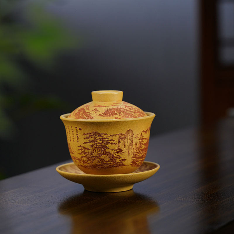 功夫茶具原矿紫砂220CC山居秋瞑杯段泥手绘刻绘山水杯文人茶碗三才盖碗