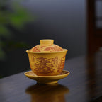 功夫茶具原矿紫砂220CC山居秋瞑杯段泥手绘刻绘山水杯文人茶碗三才盖碗