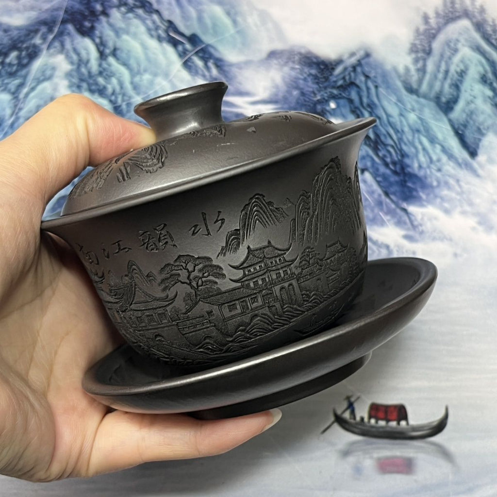 三才盖碗纯手工浮雕刻绘烟雨入江南石黄盖碗江南水乡房屋200毫升