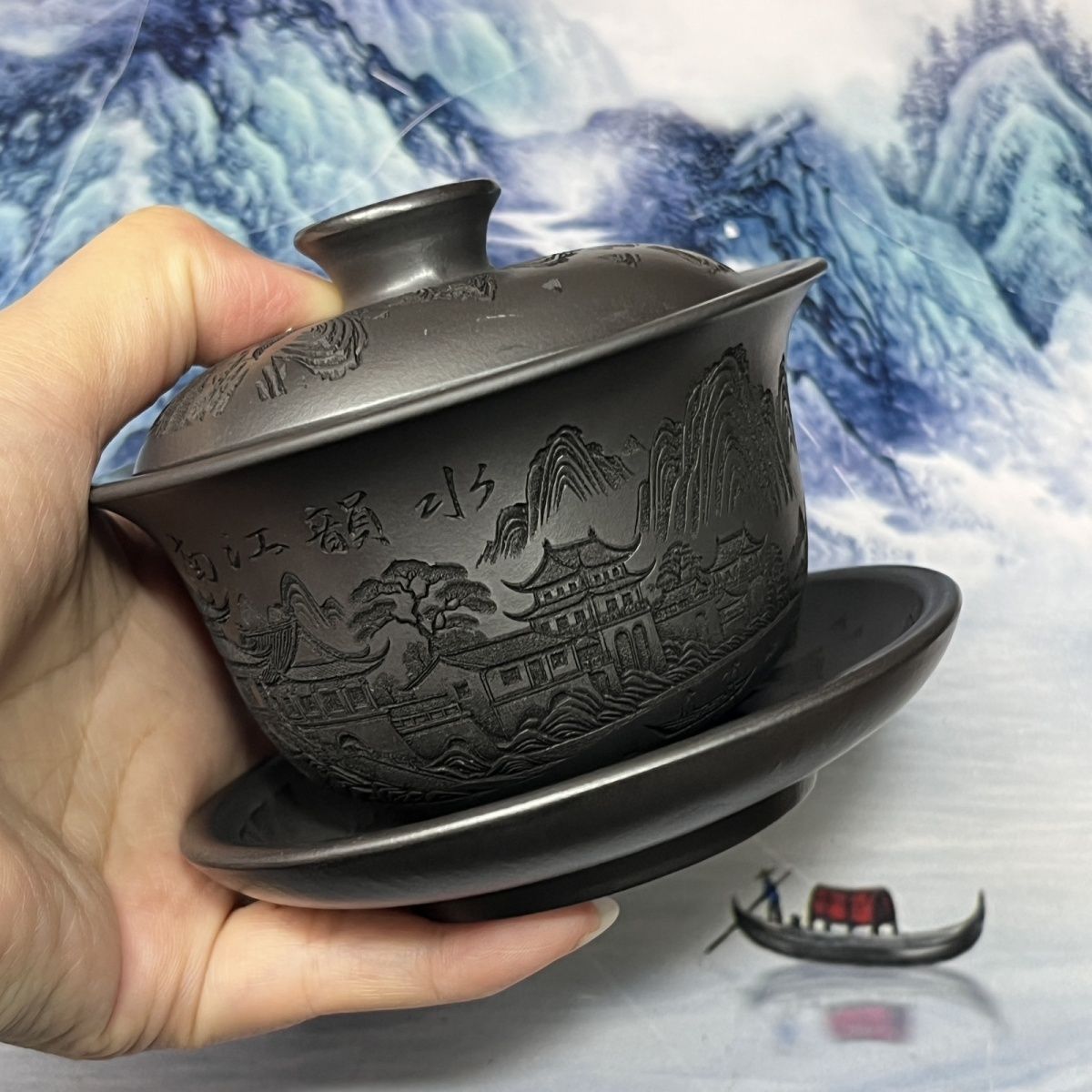 三才盖碗纯手工浮雕刻绘烟雨入江南石黄盖碗江南水乡房屋200毫升