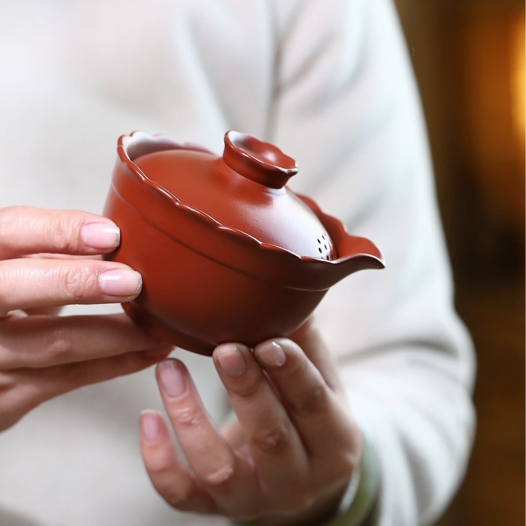 宜兴紫砂原矿朱泥大红袍菱花盖碗茶具家居实用品茶精工批发170cc