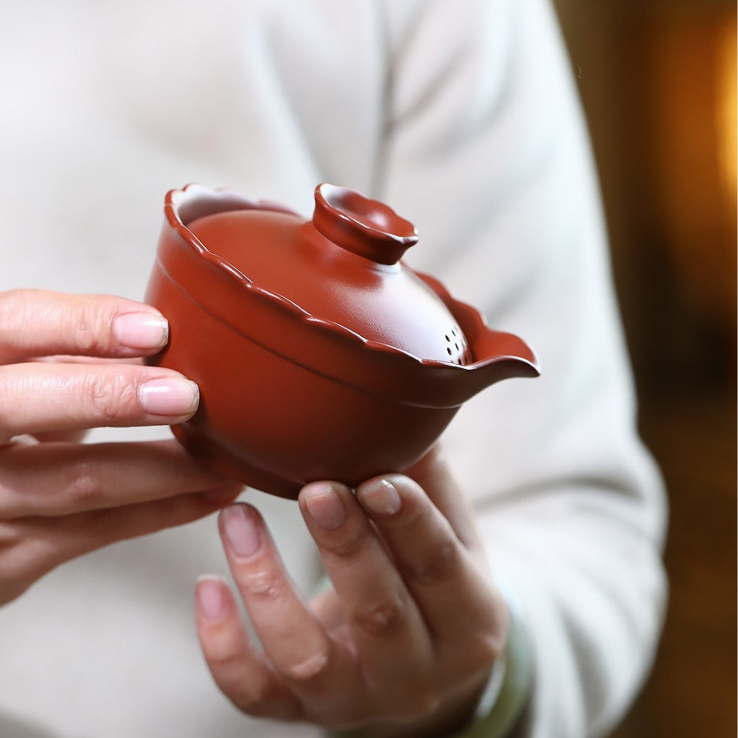 宜兴紫砂原矿朱泥大红袍菱花盖碗茶具家居实用品茶精工批发170cc